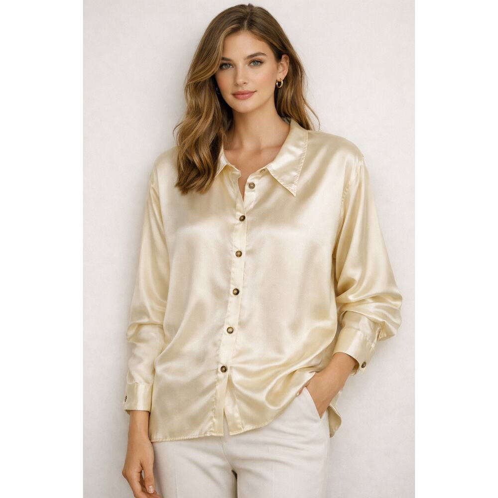 Cp Shades Sausalito Satin Long Sleeve Button-Up Shirt Cream Women's Size Large